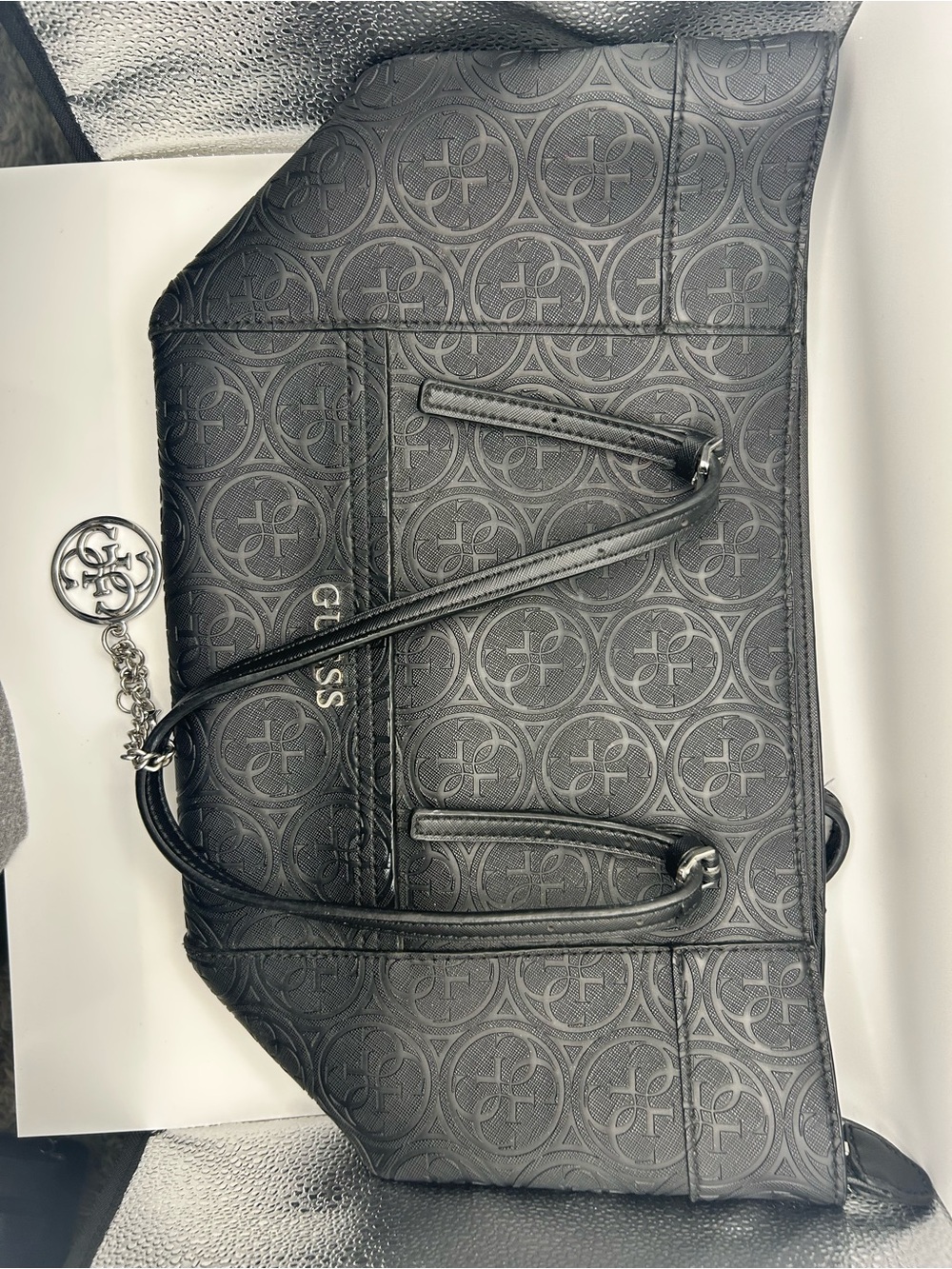 Guess Black Embossed Logo Tote with Charm